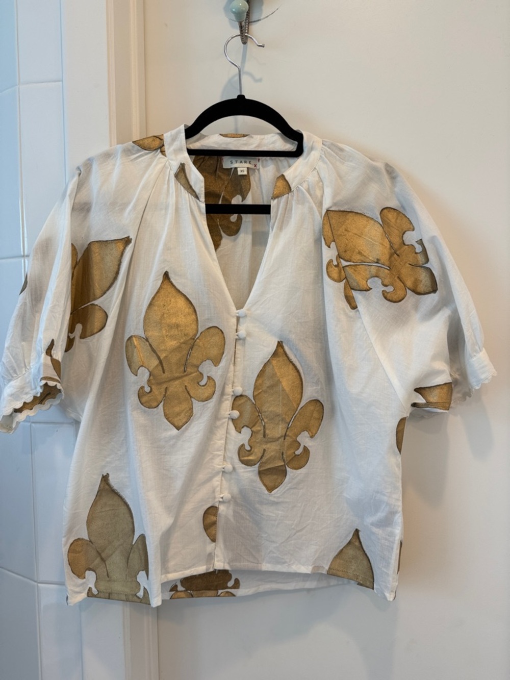 Staud White Blouse with Gold Fleur-de-Lis Print: Never worn